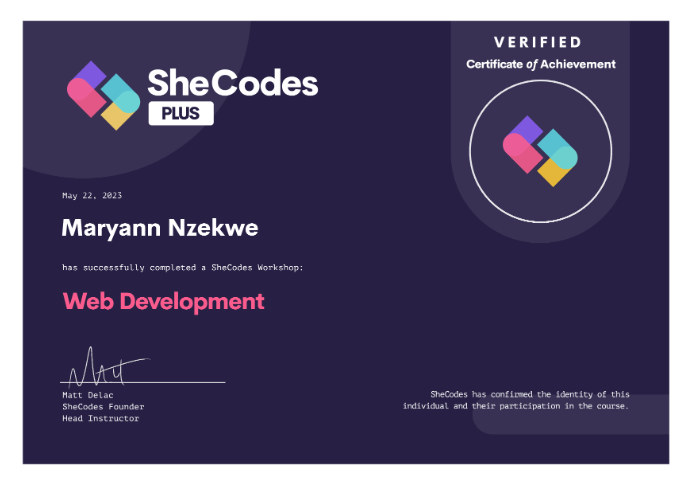 Maryann's SheCodes Plus certificate